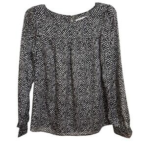 Ann Taylor Loft Gray Black Diamond Geometric Print Long Sleeve Top Sz XS